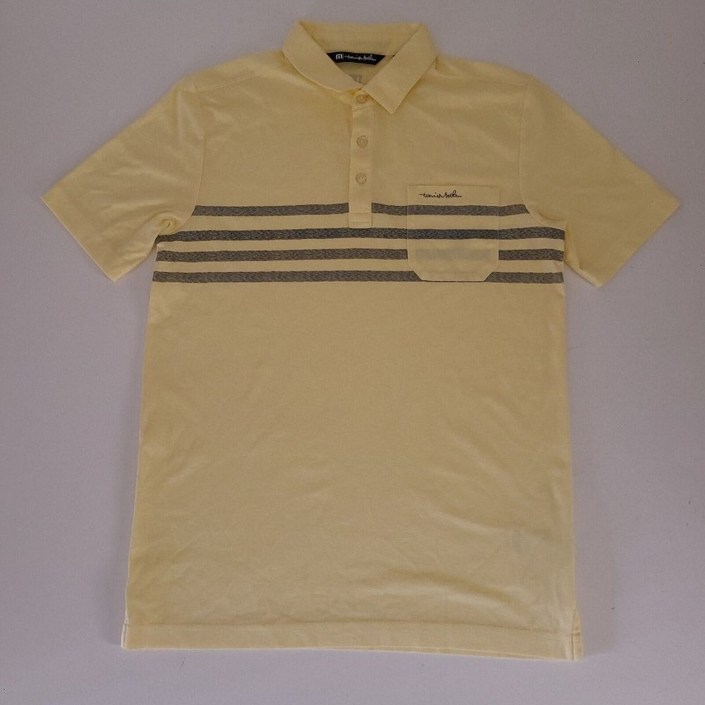 Travis Mathew Mens Shirt Yellow Striped Pocket Polo - Picture 2 of 6